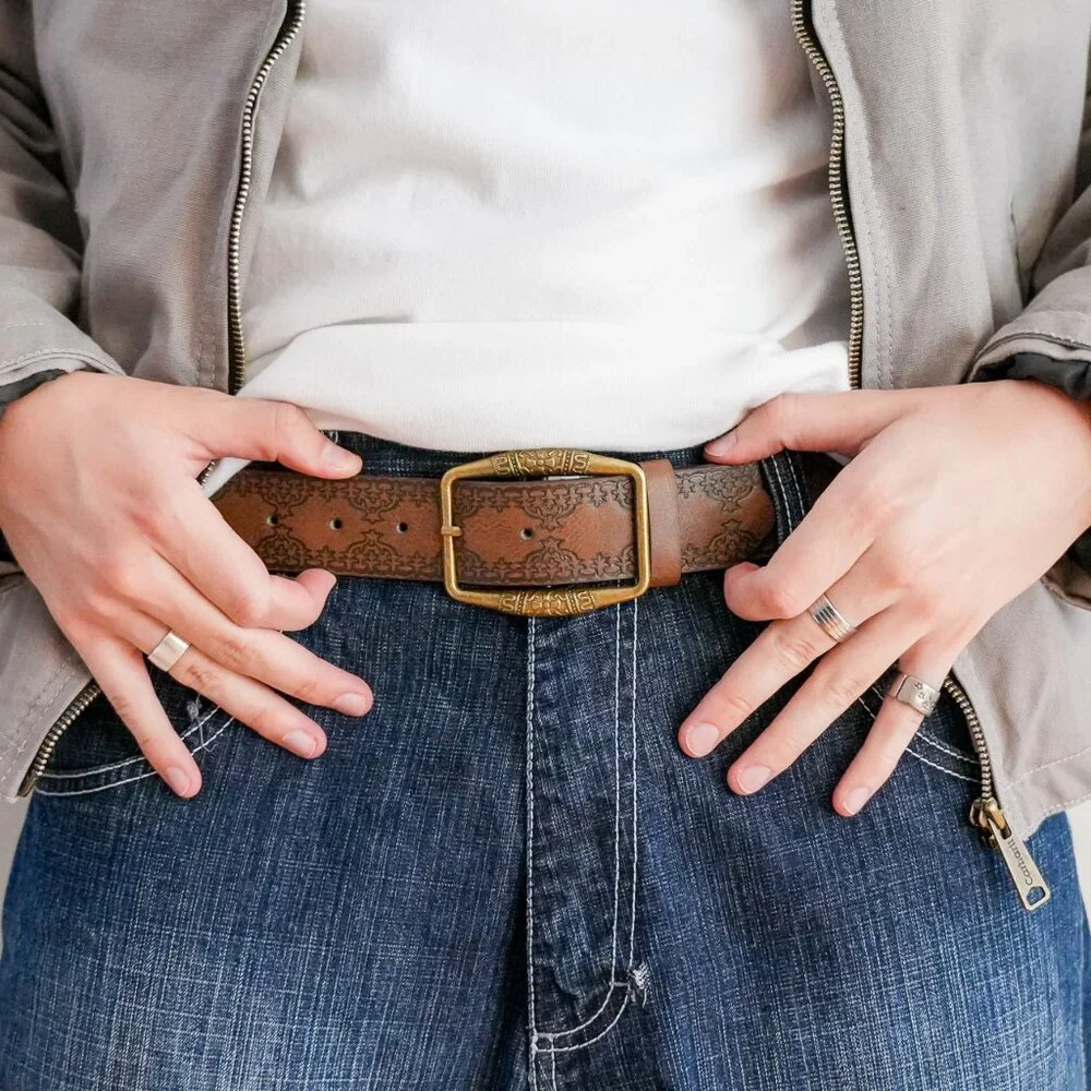 y2k vintage brown engraved brass buckle western belt